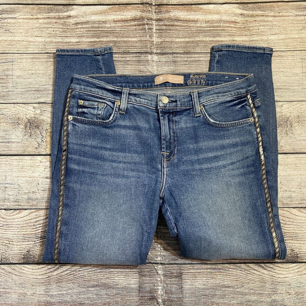 7 For All Mankind Ankle Skinny Jeans 30 Luxe Vintage Muse Beaded Tuxedo Stripe